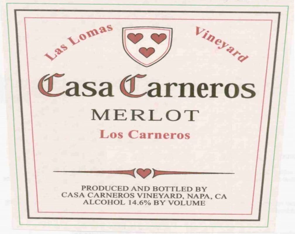 Casa Carneros Las Lomas Vineyard Merlot 2000 Front Label