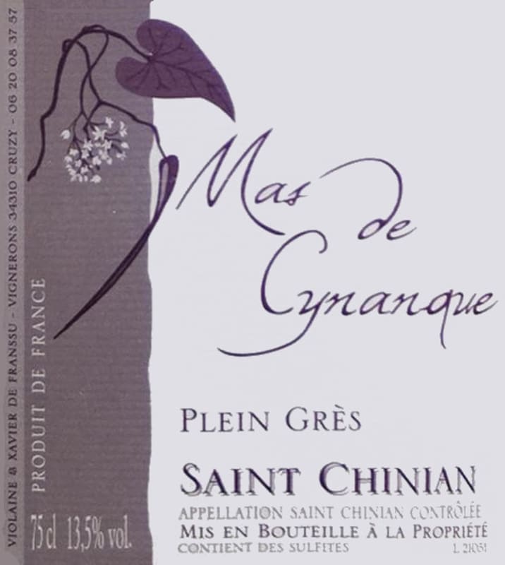 Mas de Cynanque Saint Chinian Plein Gres 2010 Front Label