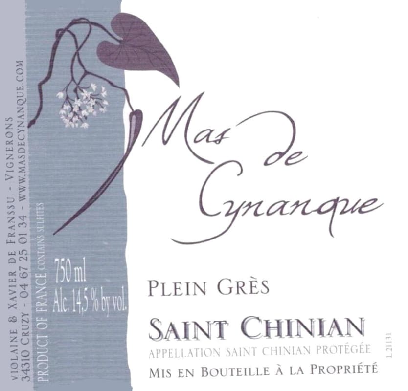 Mas de Cynanque Saint Chinian Plein Gres 2014 Front Label