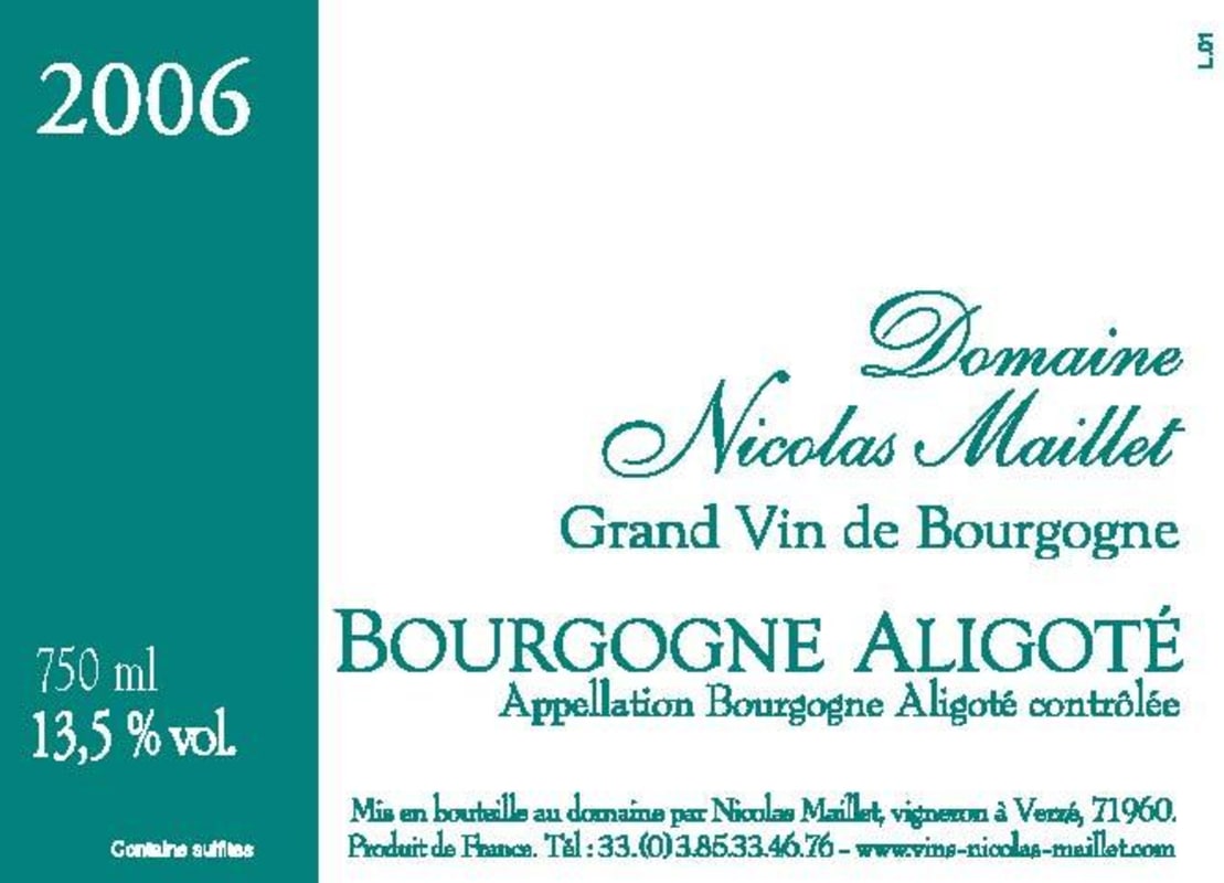 Nicolas Maillet Bourgogne Aligote 2006 Front Label