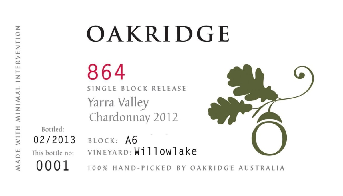 Oakridge Wines 864 Single Block Willowlake Vineyard Block A6 Chardonnay 2012 Front Label