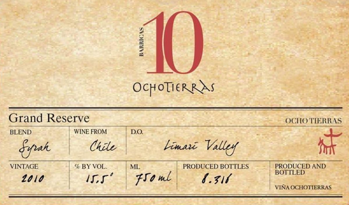 Ochotierras 10 Barricas Gran Reserva Syrah 2010 Front Label