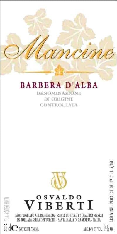Osvaldo Viberti Barbera d'Alba Mancine 2007 Front Label