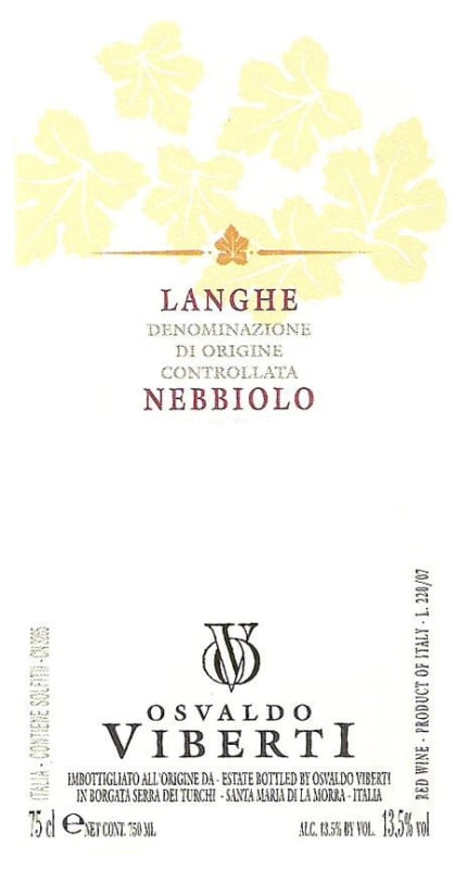 Osvaldo Viberti Langhe Nebbiolo 2013 Front Label