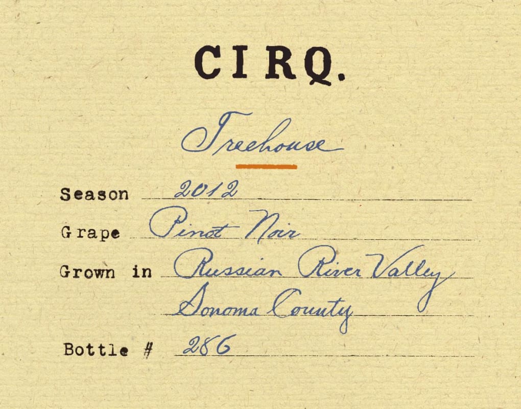 Cirq Treehouse Vineyard Pinot Noir 2012 Front Label