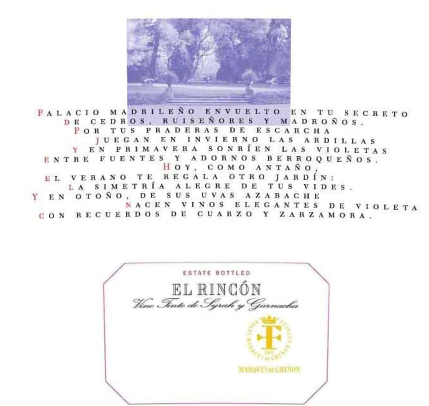 Marques de Grinon Madrid El Rincon 2015 Front Label