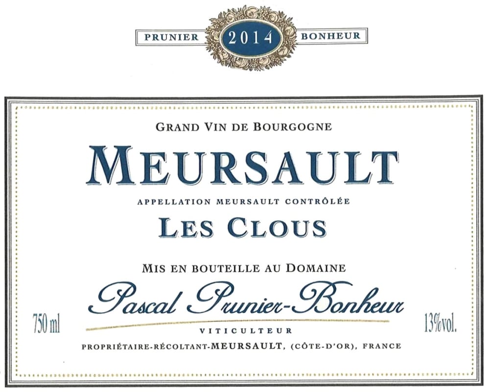 Pascal Prunier-Bonheur Meursault Les Clous 2014 Front Label