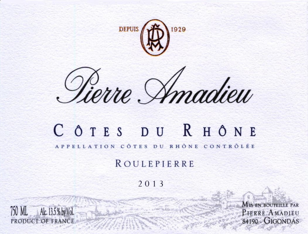 Pierre Amadieu Cotes du Rhone Roulepierre 2013 Front Label