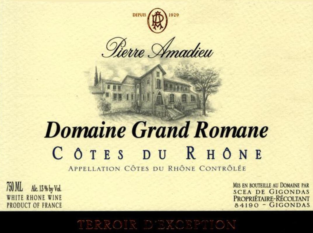 Pierre Amadieu Cotes du Rhone Domaine Grand Romane Blanc 2014 Front Label