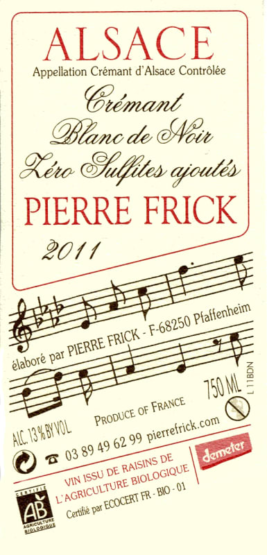 Pierre Frick Cremant d'Alsace Zero Sulfites Blanc de Noirs 2011 Front Label