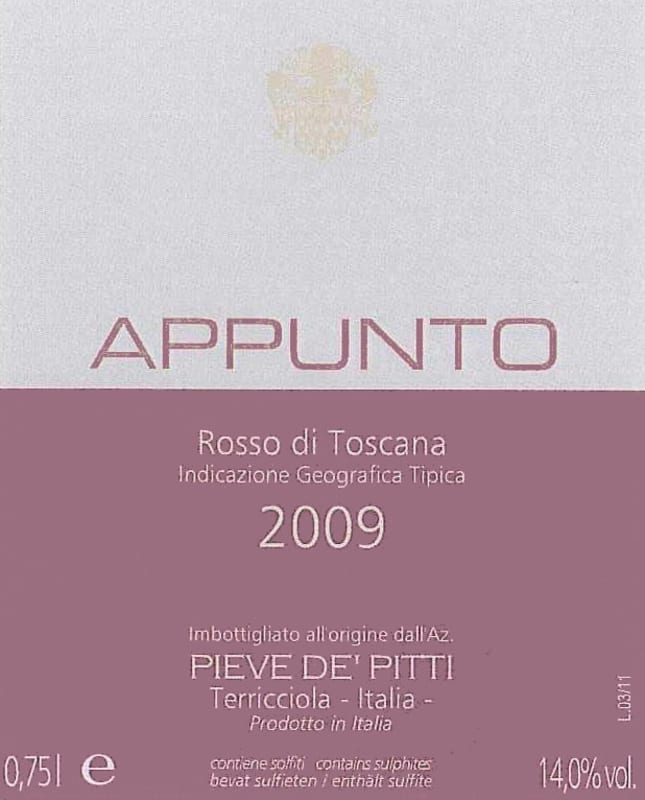 Pieve de' Pitti Toscana Appunto Rosso 2009 Front Label