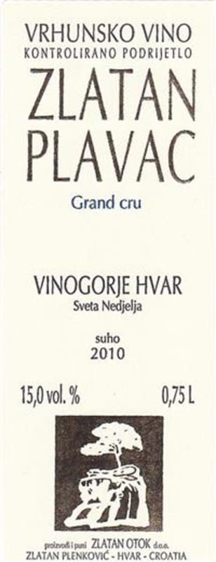 Plenkovic Winery Zlatan Otok Plavac Grand Cru 2010 Front Label