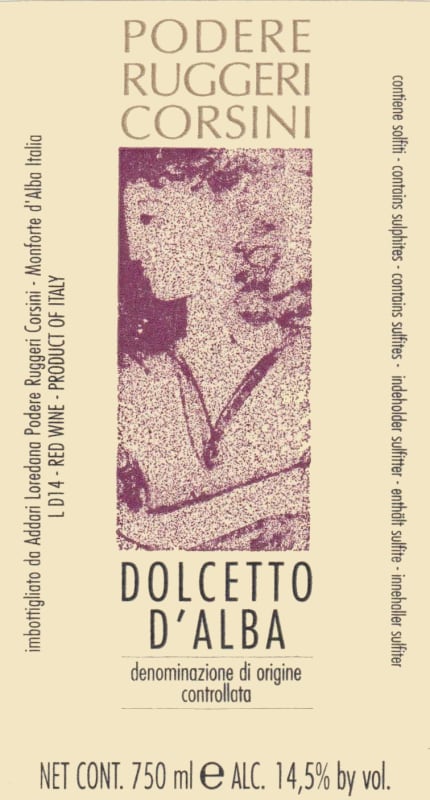 Podere Ruggeri Corsini Dolcetto d'Alba 2014 Front Label