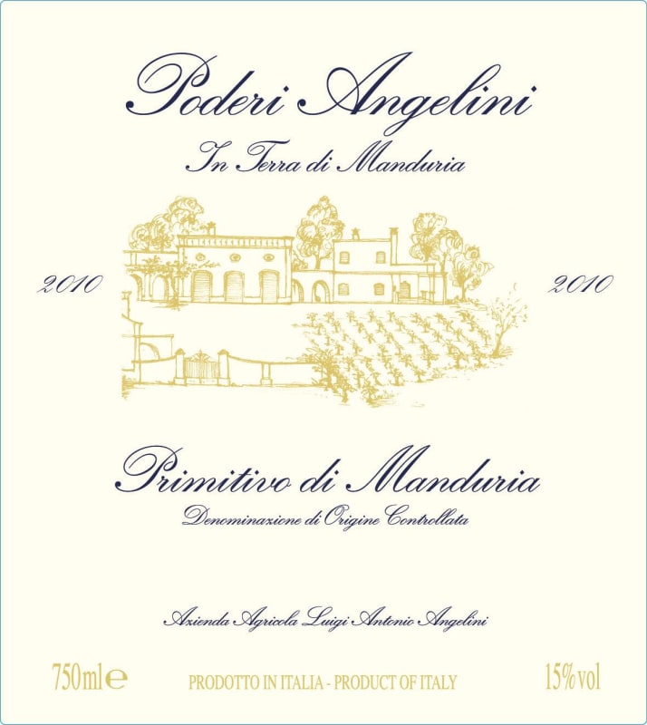 Poderi Anglelini Primitivo di Manduria 2010 Front Label