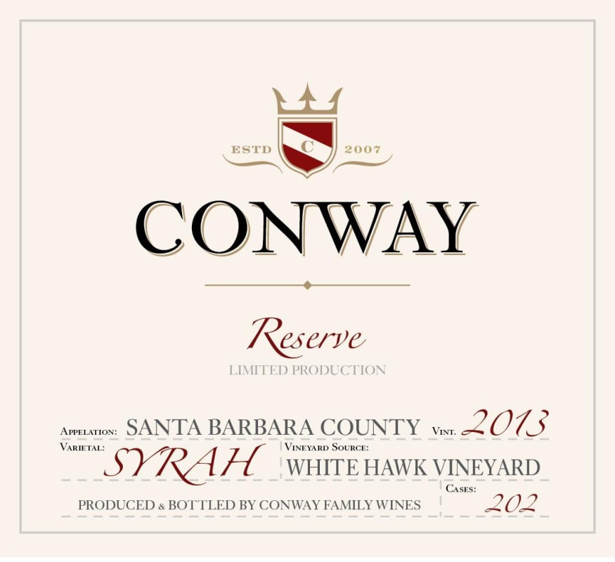 Conway Family Wines White Hawk Vineyard Syrah Reserve 2013 Front Label