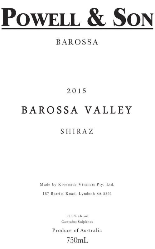 Powell & Son Barossa Valley Shiraz 2015 Front Label