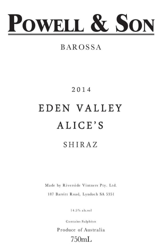 Powell & Son Alice's Shiraz 2014 Front Label