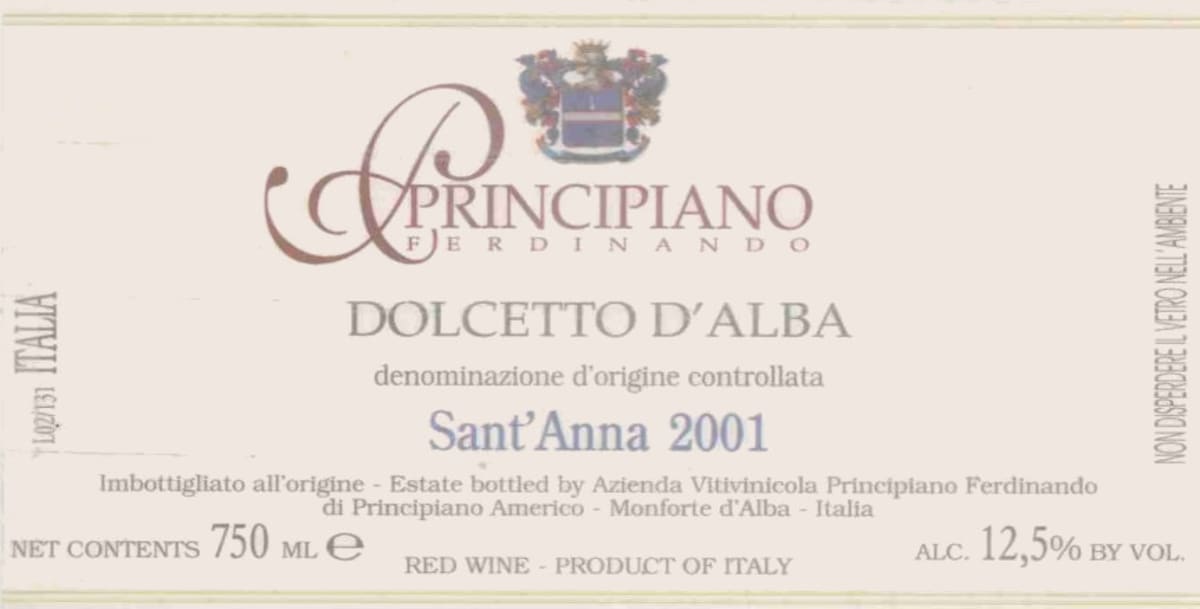 Ferdinando Principiano Dolcetto d'Alba Santa Anna 2001 Front Label