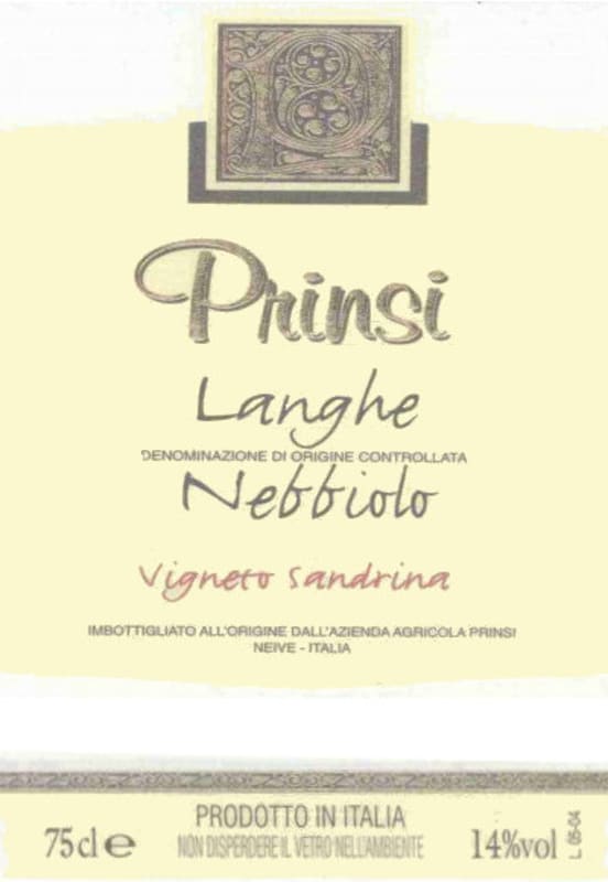 Prinsi Langhe Vigneto Sandrina Nebbiolo 2009 Front Label