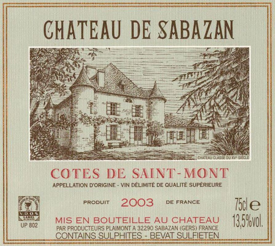 Producteurs Plaimont Chateau de Sabazan 2003 Front Label