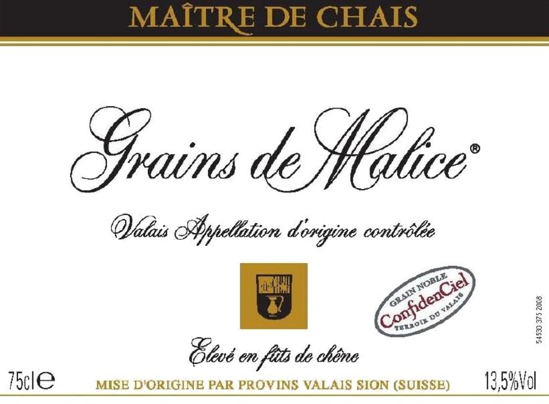 Provins Valais Grains de Malice Vendange Tardive Maitre de Chais 2010 Front Label