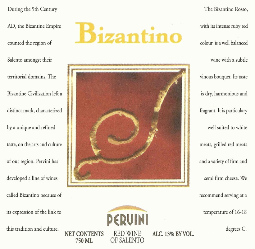 Racemi Rosso del Salento Pervini Bizantino 2006 Front Label