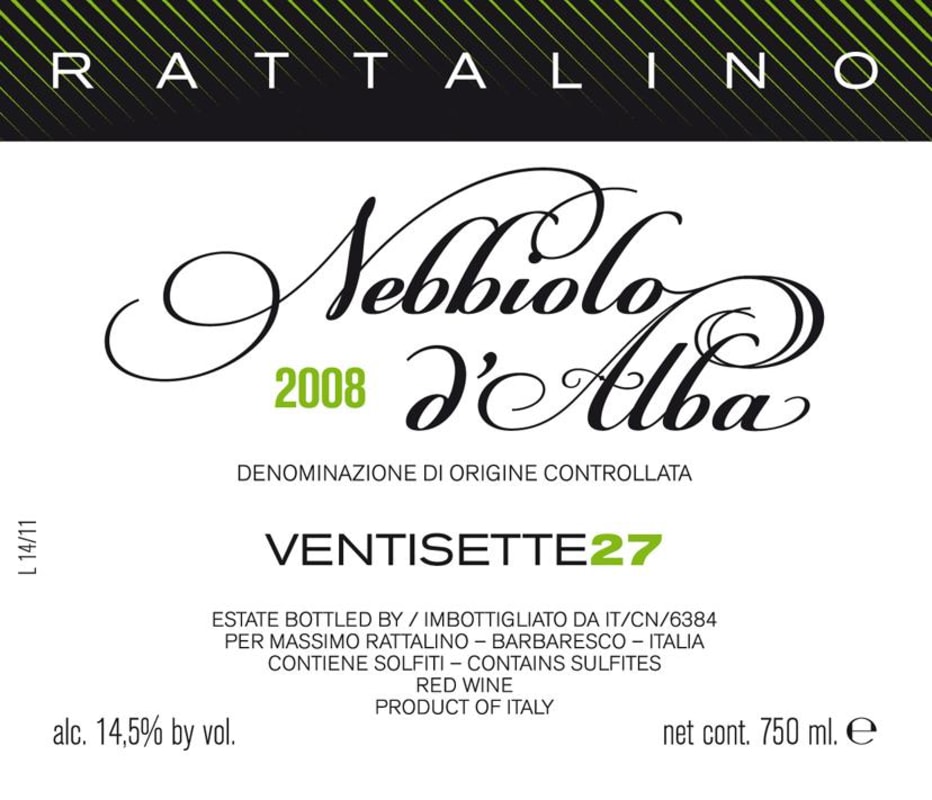 Massimo Rattalino Nebbiolo d'Alba Ventisette 27 2008 Front Label