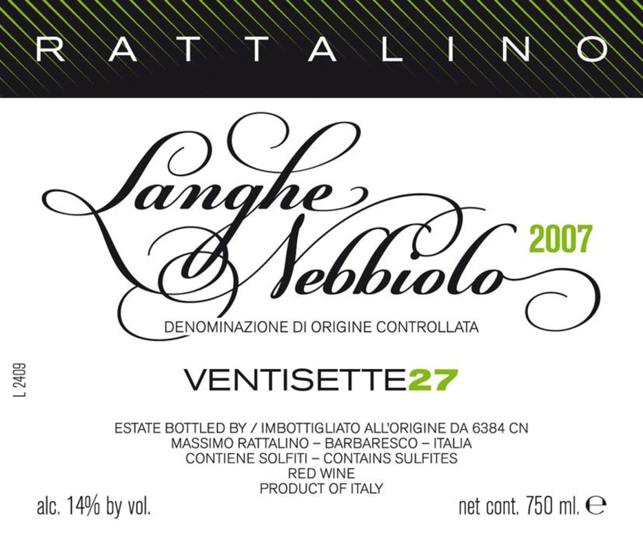 Massimo Rattalino Nebbiolo d'Alba Ventisette 27 2007 Front Label