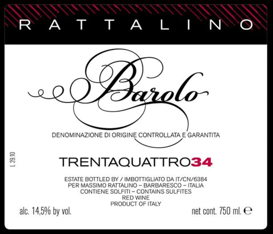 Massimo Rattalino Barolo Trentaquattro 34 2010 Front Label