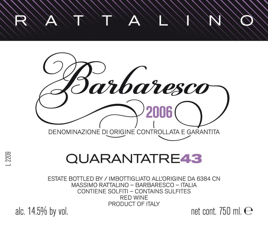 Massimo Rattalino Barbaresco Quarantatre 43 2006 Front Label