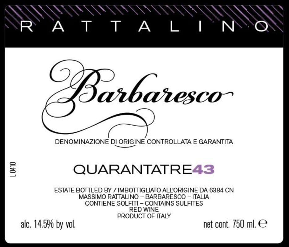 Massimo Rattalino Barbaresco Quarantatre 43 2012 Front Label