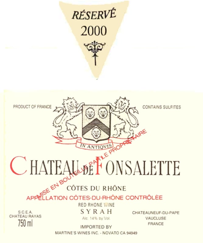 Rayas Chateau de Fonsalette Cotes du Rhone Cuvee Reserve Syrah 2000 Front Label