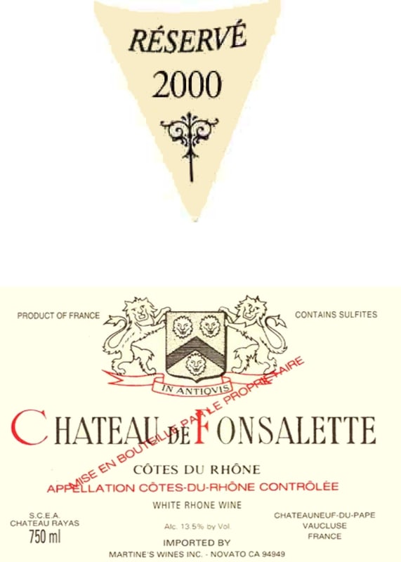 Rayas Chateau de Fonsalette Cotes du Rhone Reserve Blanc 2000 Front Label