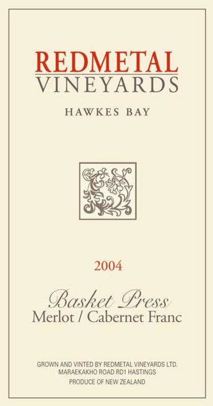 Redmetal Vineyards Basket Press Merlot / Cabernet Franc 2004 Front Label