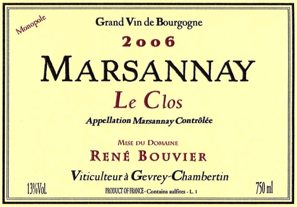 Rene Bouvier Marsannay Le Clos Monopole 2006 Front Label