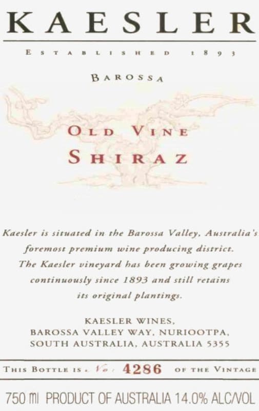Kaesler Barossa Valley Old Vine Shiraz 2006 Front Label
