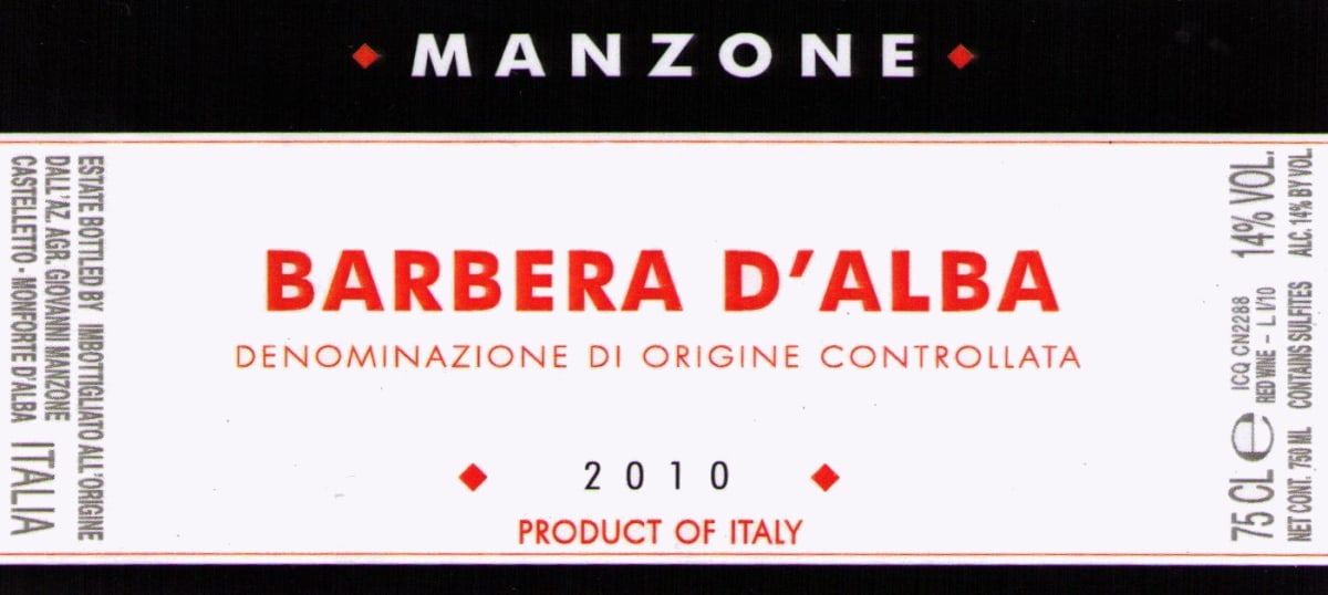 Manzone Barbera d'Alba 2010 Front Label