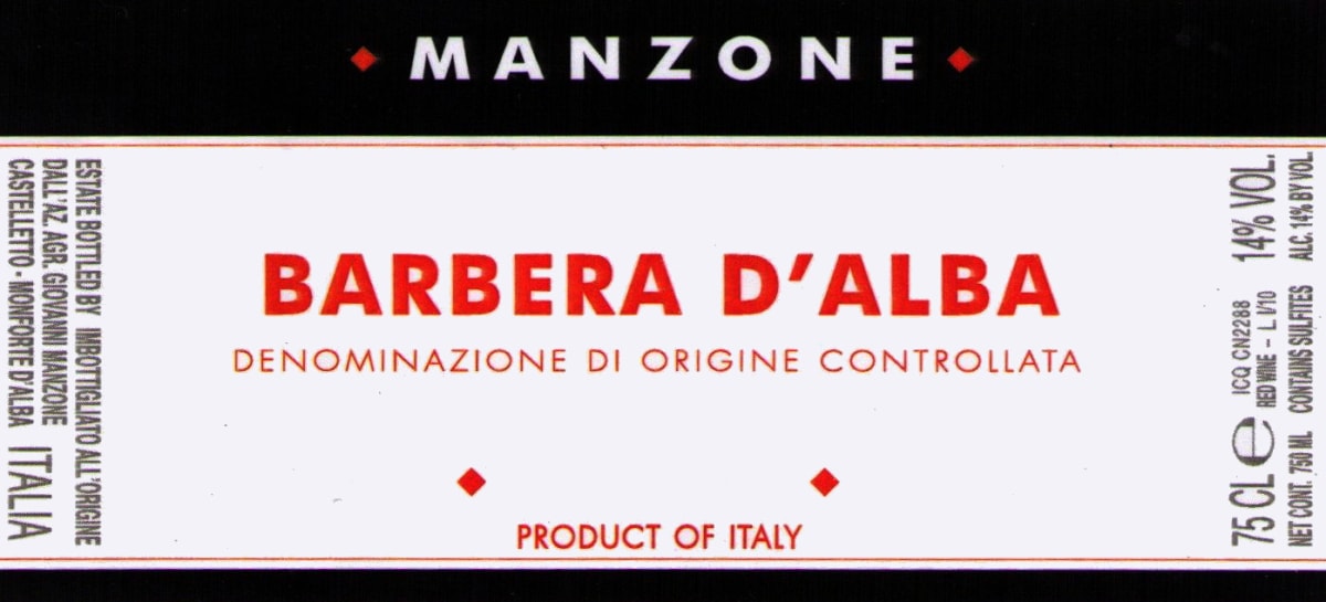 Manzone Barbera d'Alba 2013 Front Label