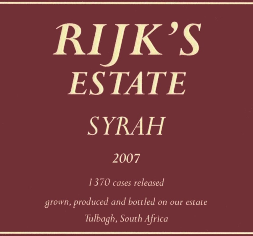 Rijk's Private Cellar Tulbagh Estate Syrah 2007 Front Label
