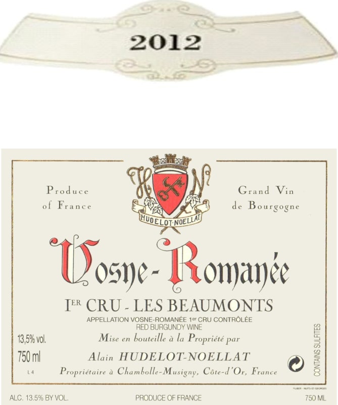 Hudelot-Noellat Vosne-Romanee Les Beaumonts Premier Cru 2012 Front Label