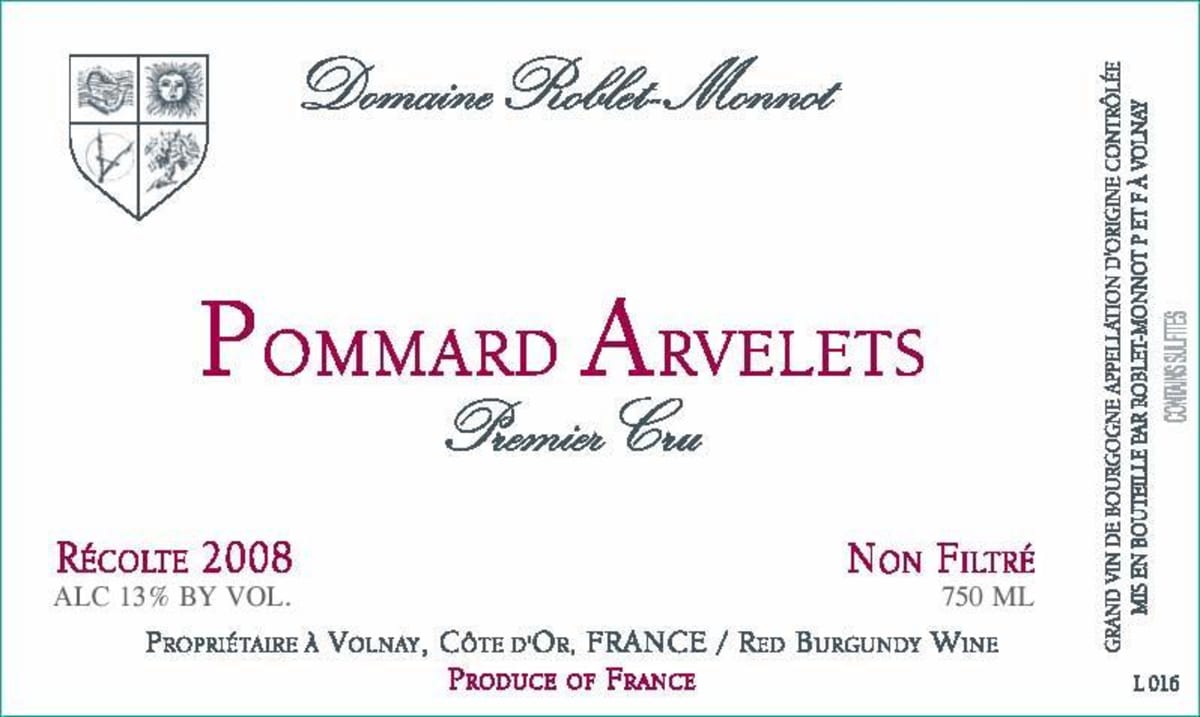 Roblet-Monnot Pommard Les Arvelets Premier Cru 2008 Front Label