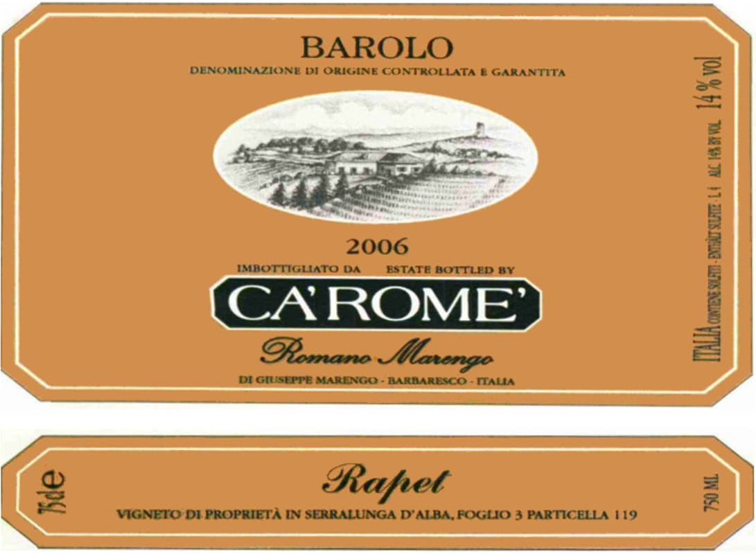 Ca' Rome Barolo Rapet 2006 Front Label