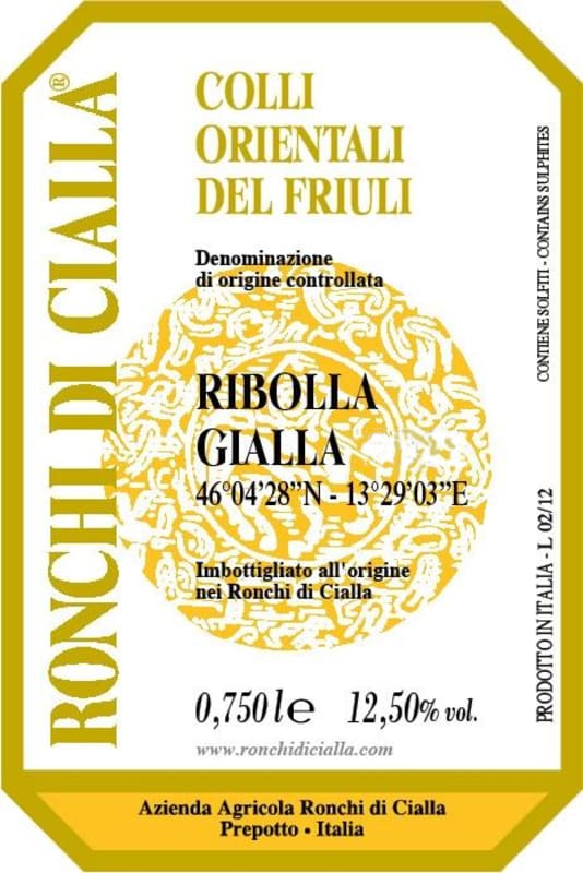 Ronchi di Cialla Colli Orientali del Friuli Ribolla Gialla 2012 Front Label