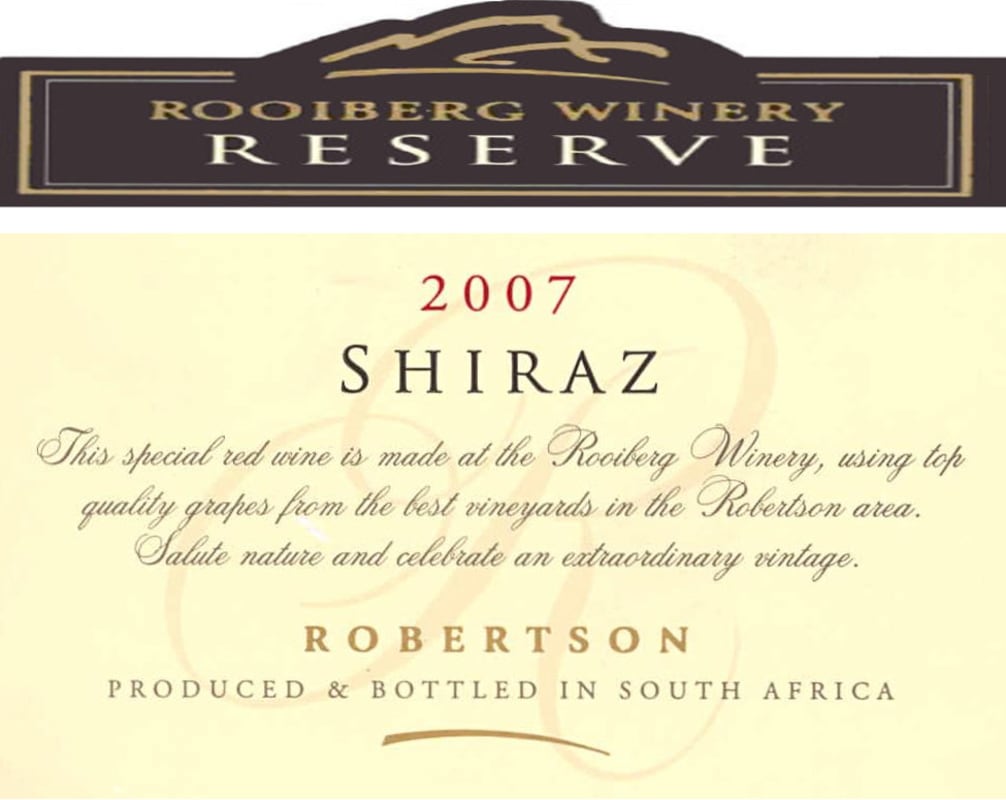 Rooiberg Winery Reserve Shiraz 2007 Front Label