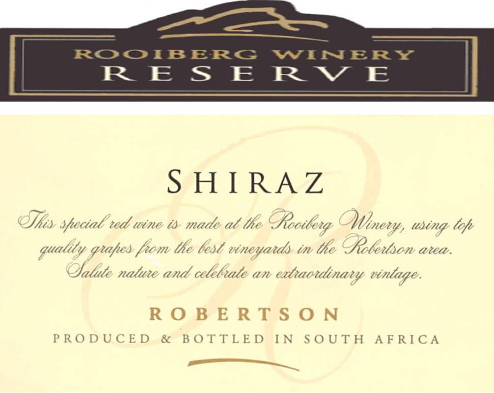 Rooiberg Winery Reserve Shiraz 2012 Front Label