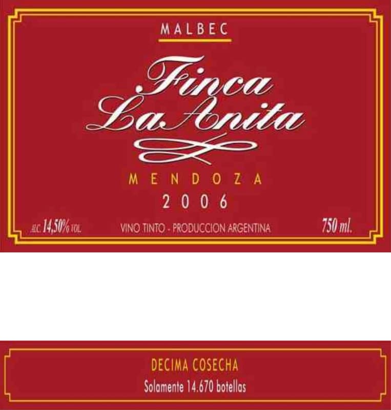 Finca La Anita Malbec 2006 Front Label