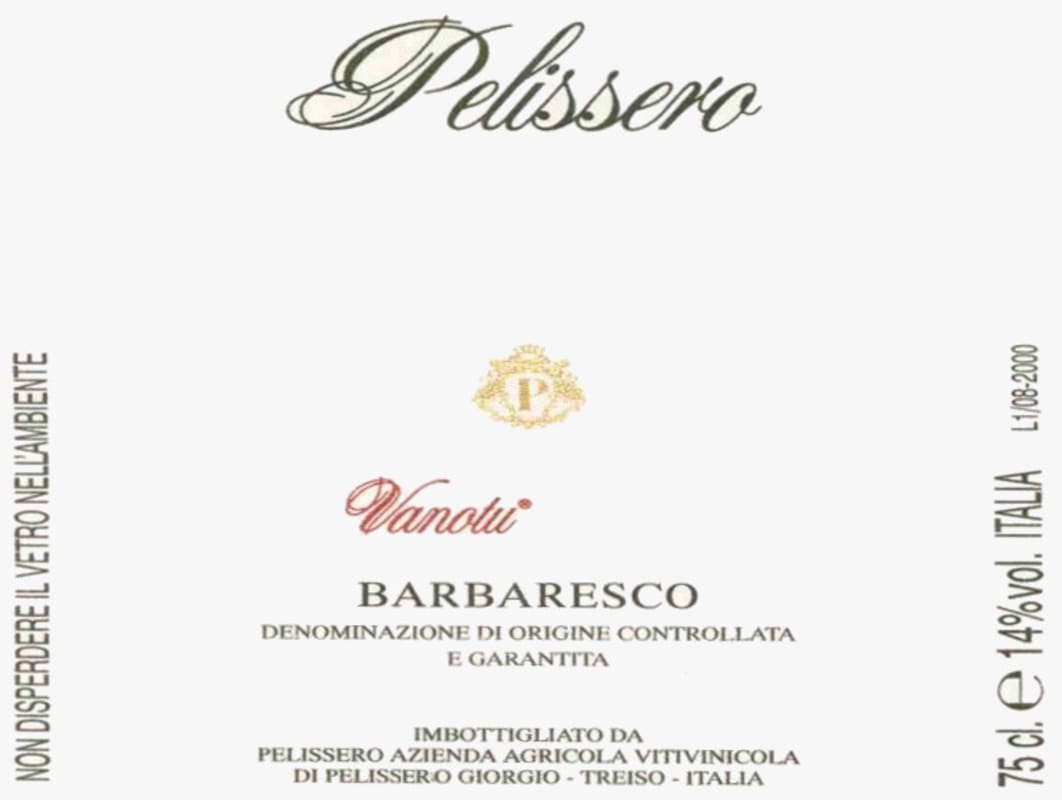 Pelissero Barbaresco Vanotu 2012 Front Label