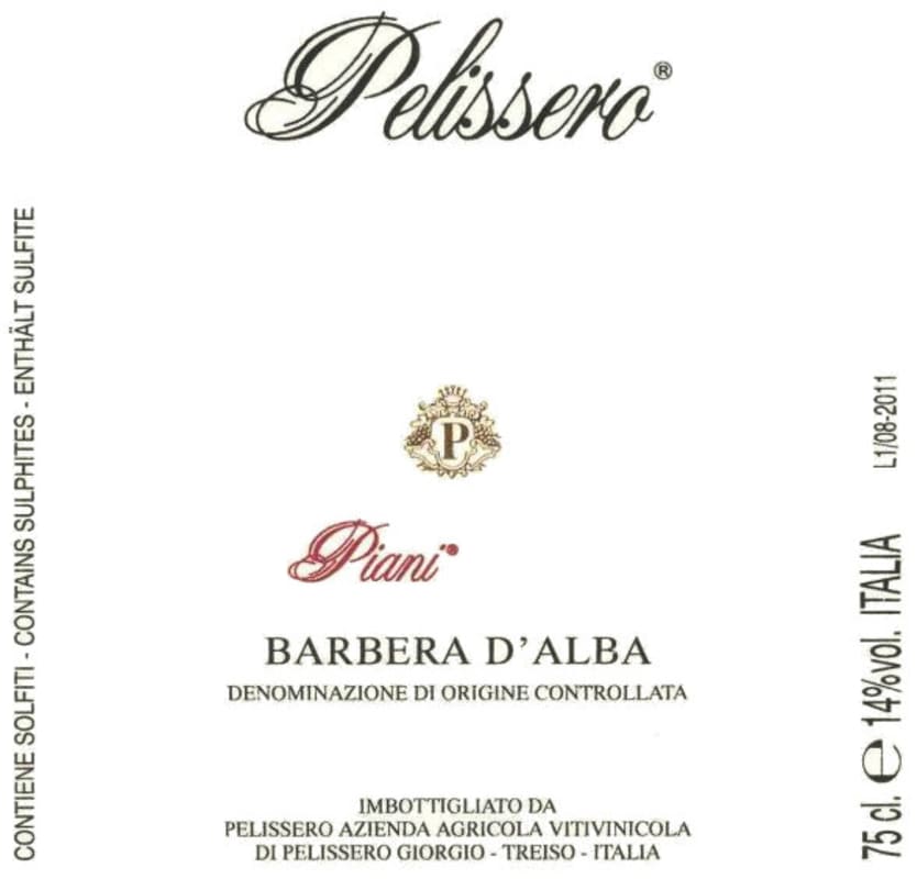 Pelissero Barbera d'Alba Piani 2013 Front Label