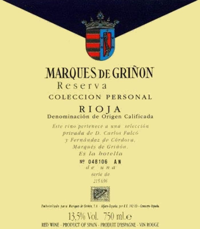 Marques de Grinon Rioja Coleccion Personal Reserva 2012 Front Label