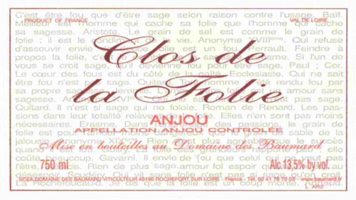 Domaine des Baumard Anjou Clos de la Folie Rouge 2015 Front Label